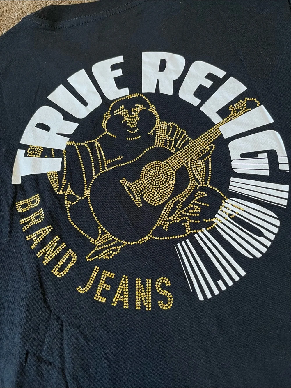 True Religion Fast Buddha SS Tee XL Jet Black Gold Rhinestone Graphic NWT